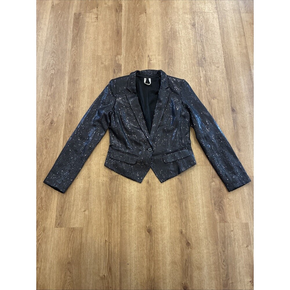 Free People Size 4 Black Sequin Notched‎ Lapel One button Tailored Blazer